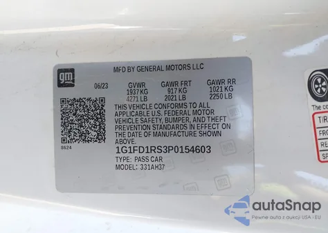 2023 Chevrolet Camaro Rwd 2Lt из США, поврежденный, VIN 1G1FD1RS3P0154603